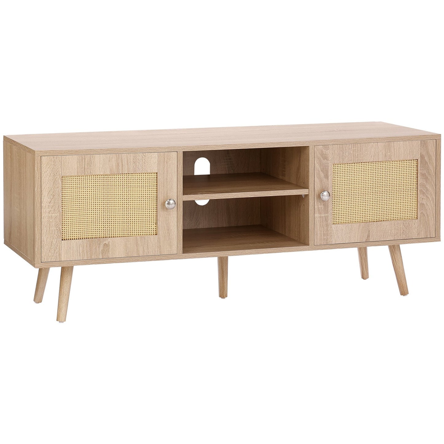 Rattan-TV-Ständer, Boho-TV-Schrank für 55-Zoll-Fernseher, Mid-Century Modern-TV-Ständer, Rattan-TV-Konsole mit verstellbaren Regalen für Wohnzimmer, Medienraum, Eiche