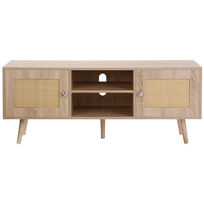 Rattan-TV-Ständer, Boho-TV-Schrank für 55-Zoll-Fernseher, Mid-Century Modern-TV-Ständer, Rattan-TV-Konsole mit verstellbaren Regalen für Wohnzimmer, Medienraum, Eiche