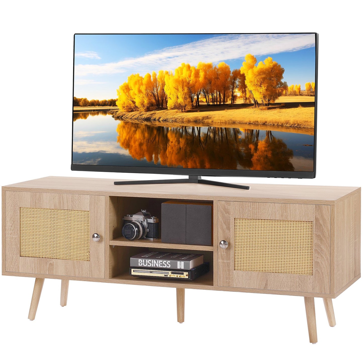 Rattan-TV-Ständer, Boho-TV-Schrank für 55-Zoll-Fernseher, Mid-Century Modern-TV-Ständer, Rattan-TV-Konsole mit verstellbaren Regalen für Wohnzimmer, Medienraum, Eiche