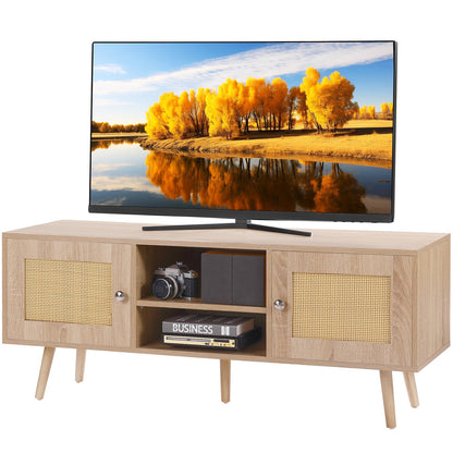 Rattan-TV-Ständer, Boho-TV-Schrank für 55-Zoll-Fernseher, Mid-Century Modern-TV-Ständer, Rattan-TV-Konsole mit verstellbaren Regalen für Wohnzimmer, Medienraum, Eiche