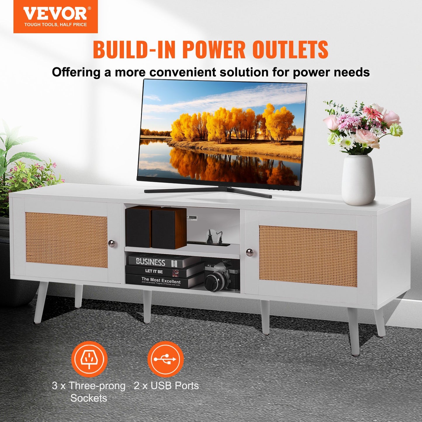 Rattan TV-ställ för 65" TV Boho TV-ställ med inbyggt uttag Vit
