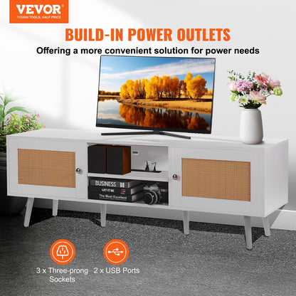 Rattan TV-ställ för 65" TV Boho TV-ställ med inbyggt uttag Vit