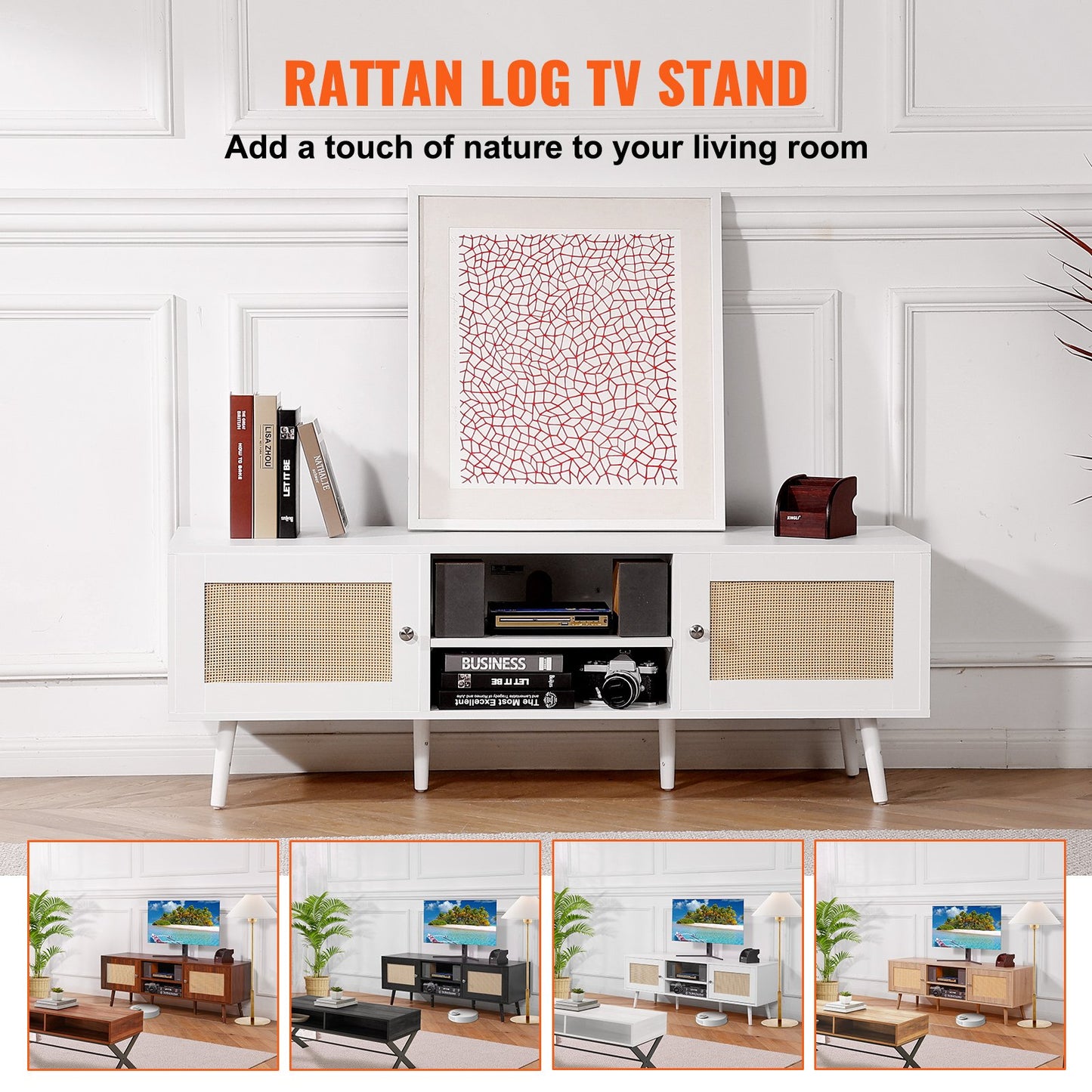 Rattan TV-ställ för 65" TV Boho TV-ställ med inbyggt uttag Vit