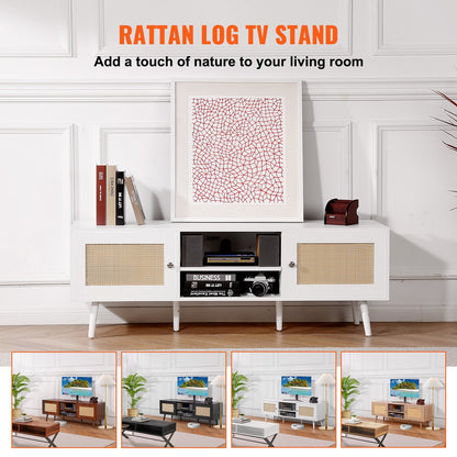 Rattan TV-ställ för 65" TV Boho TV-ställ med inbyggt uttag Vit