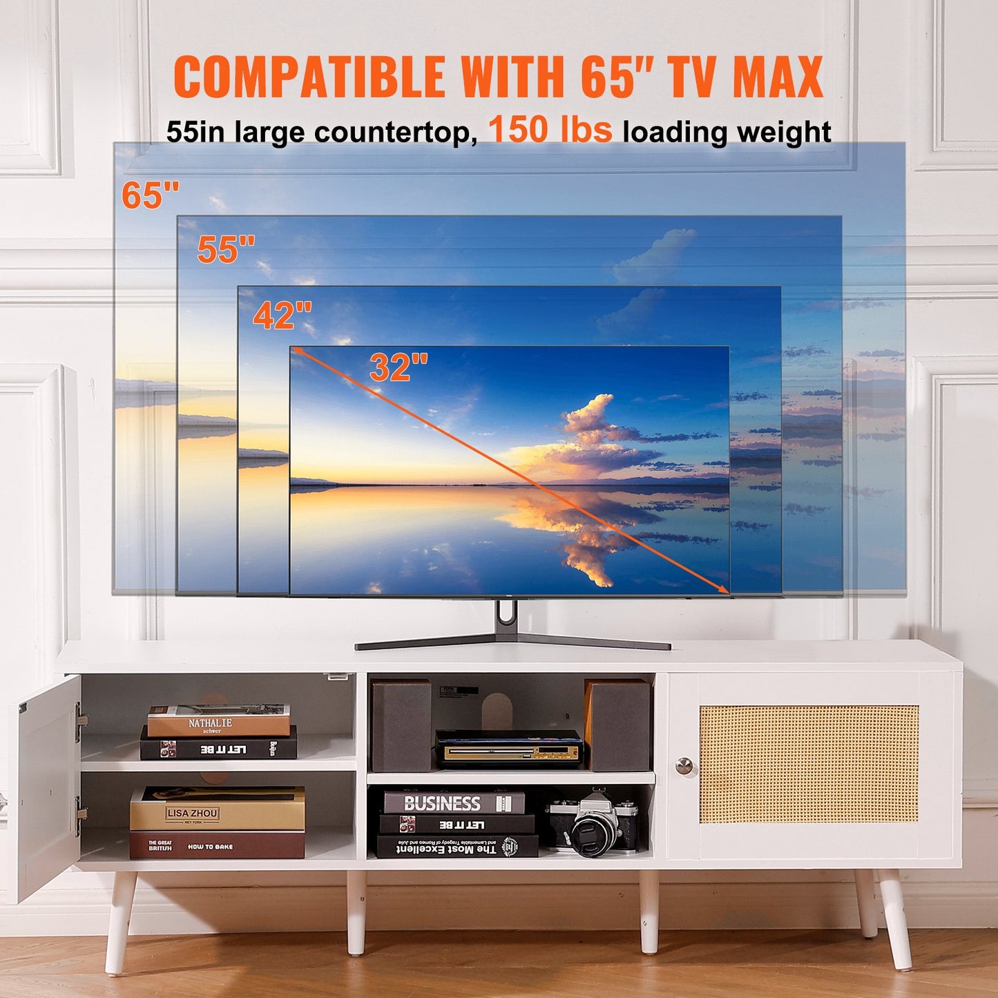 Rattan TV-ställ för 65" TV Boho TV-ställ med inbyggt uttag Vit