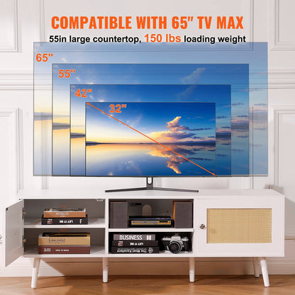 Rattan TV-ställ för 65" TV Boho TV-ställ med inbyggt uttag Vit