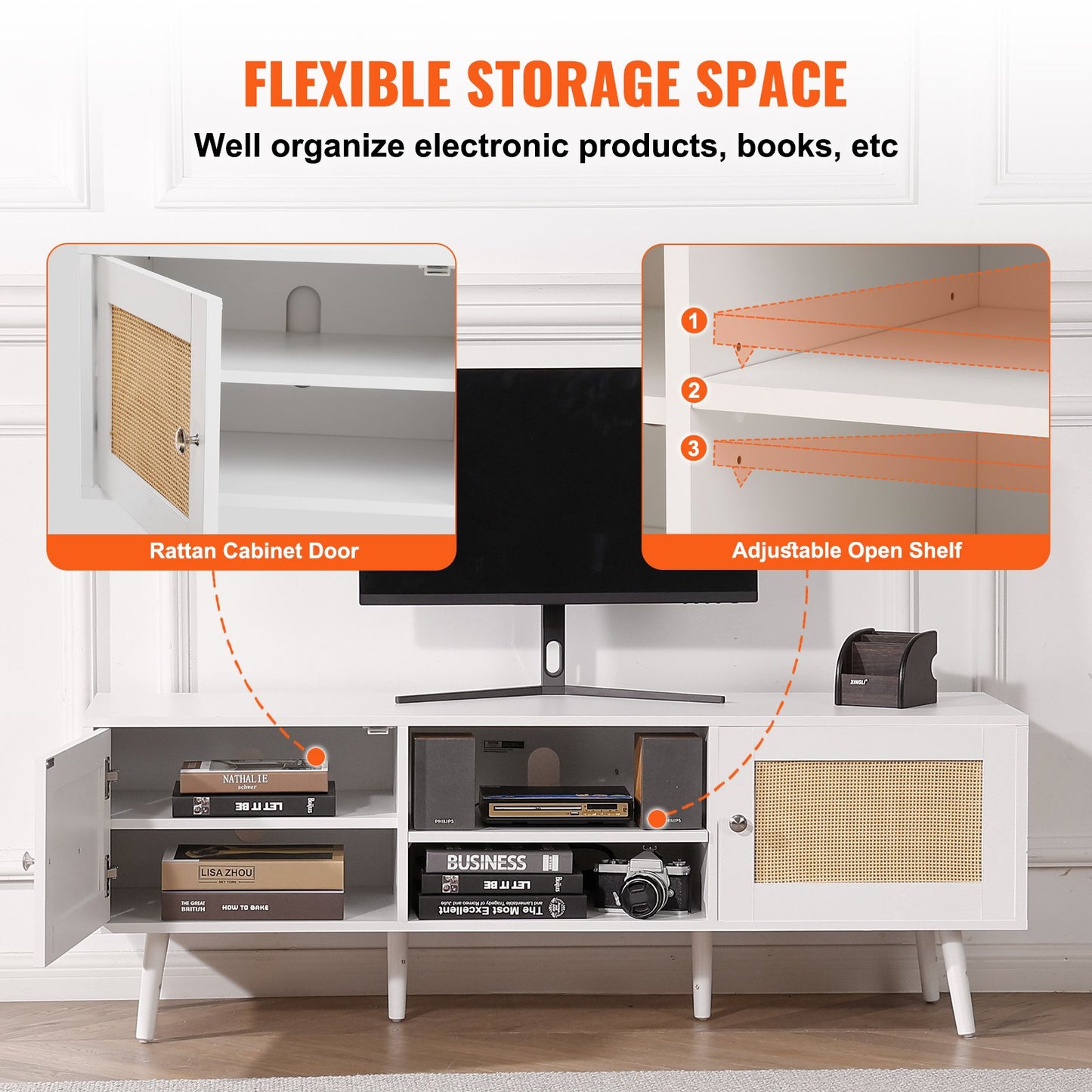 Rattan TV-ställ för 65" TV Boho TV-ställ med inbyggt uttag Vit