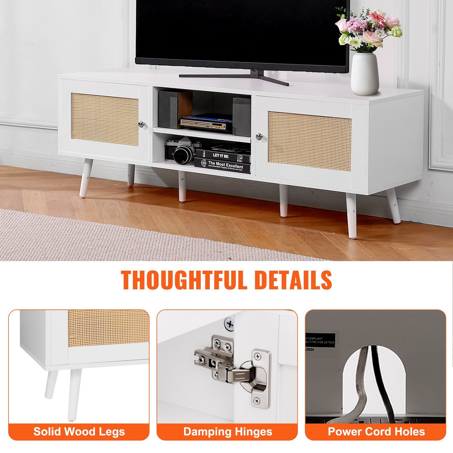 Rattan TV-ställ för 65" TV Boho TV-ställ med inbyggt uttag Vit