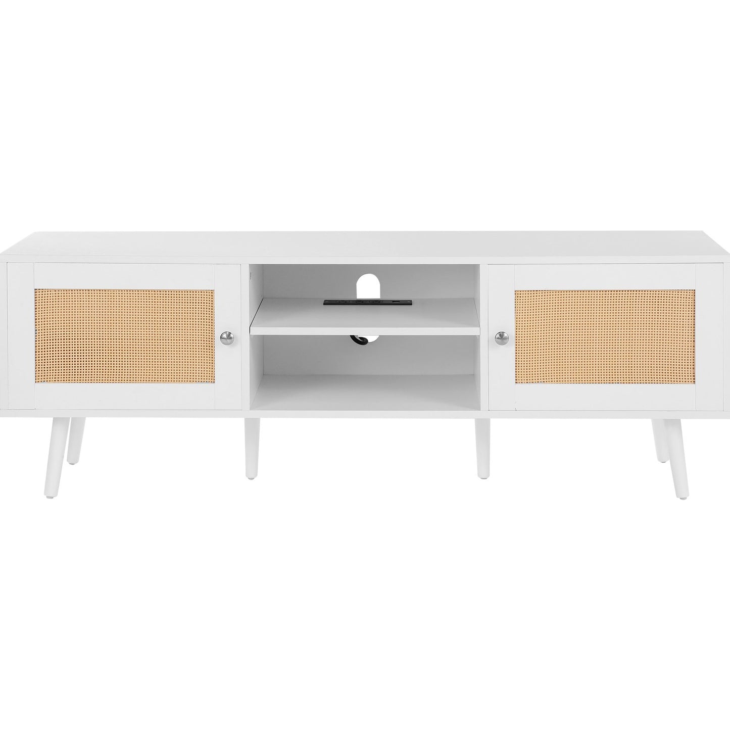 Rattan TV-ställ för 65" TV Boho TV-ställ med inbyggt uttag Vit