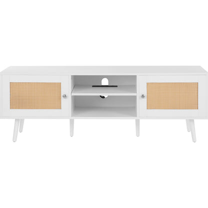 Rattan TV-ställ för 65" TV Boho TV-ställ med inbyggt uttag Vit