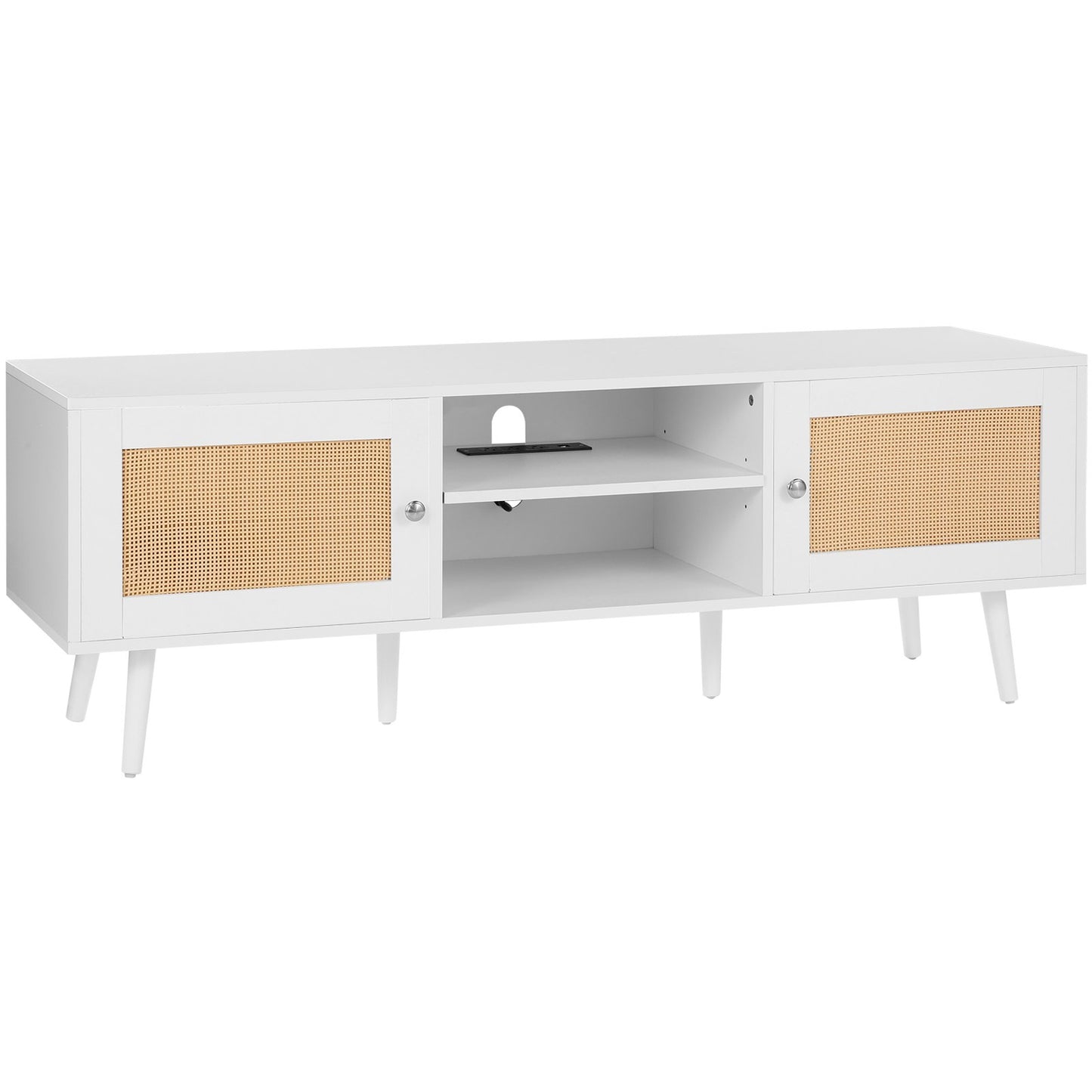 Rattan TV-ställ för 65" TV Boho TV-ställ med inbyggt uttag Vit