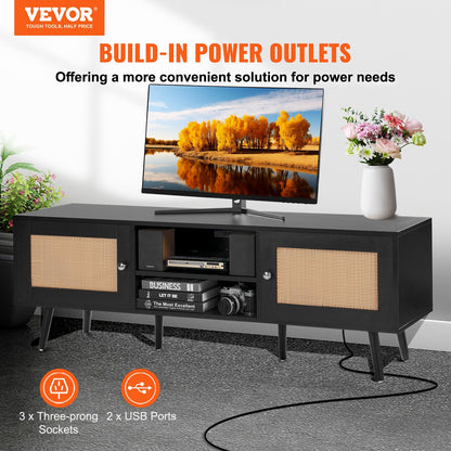 Rattan TV-ställ för 65" TV Boho TV-ställ med inbyggt uttag Svart