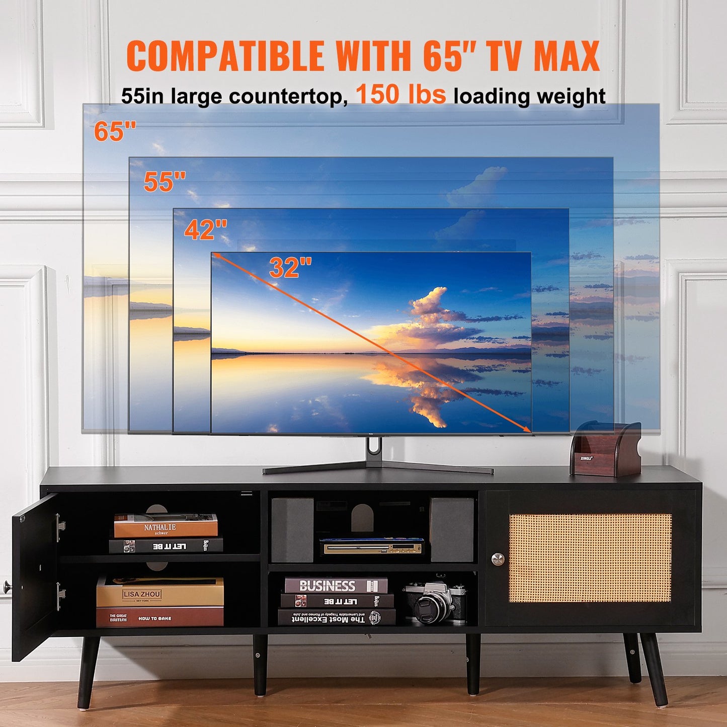 Rattan TV-ställ för 65" TV Boho TV-ställ med inbyggt uttag Svart