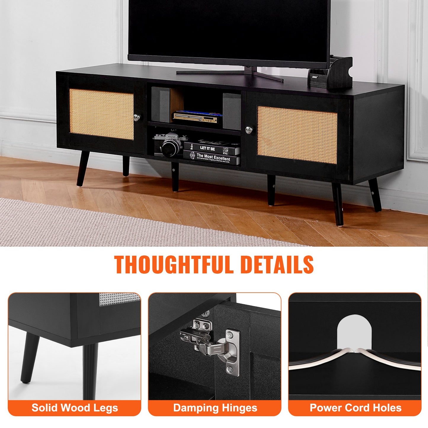 Rattan TV-ställ för 65" TV Boho TV-ställ med inbyggt uttag Svart
