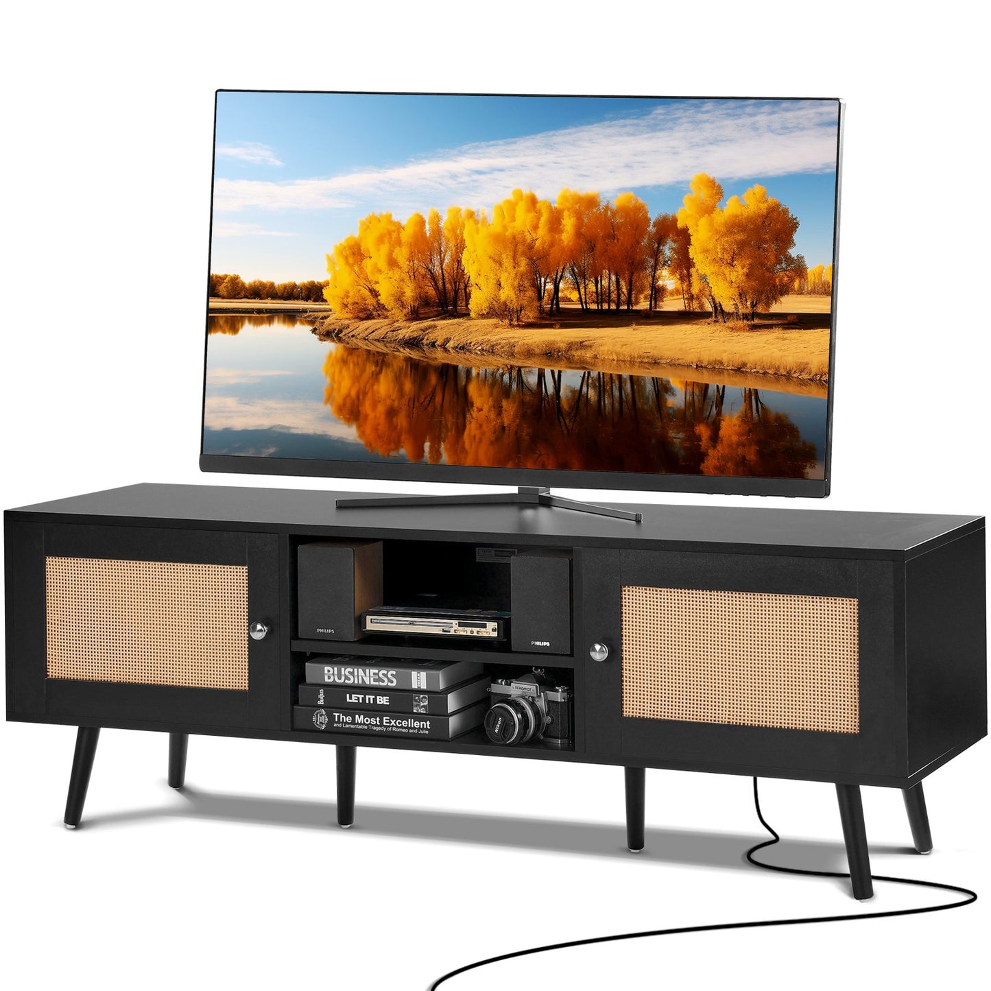 Rattan TV-ställ för 65" TV Boho TV-ställ med inbyggt uttag Svart