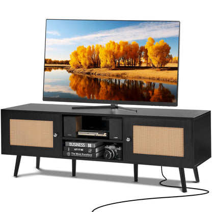 Rattan TV-ställ för 65" TV Boho TV-ställ med inbyggt uttag Svart