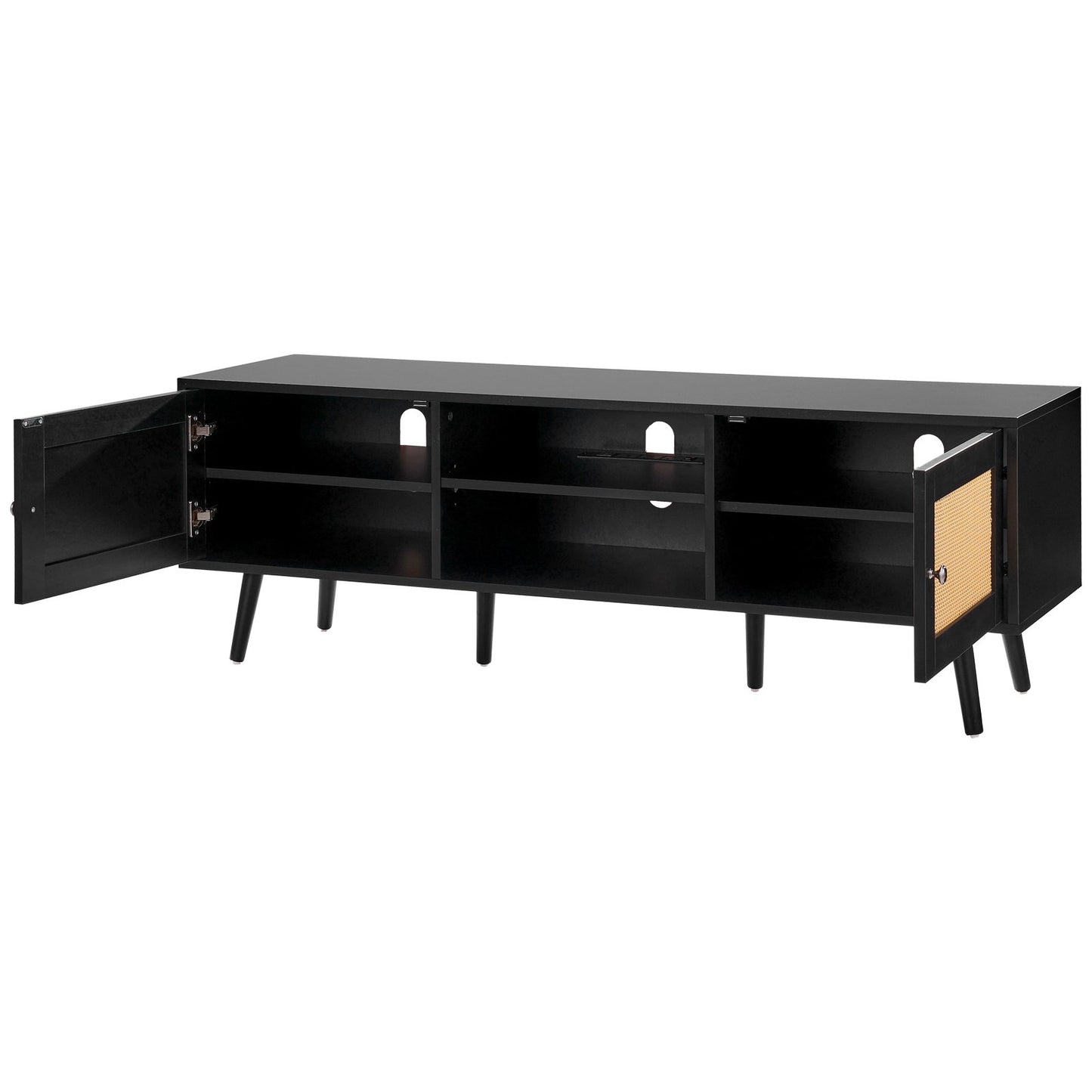 Rattan TV-ställ för 65" TV Boho TV-ställ med inbyggt uttag Svart
