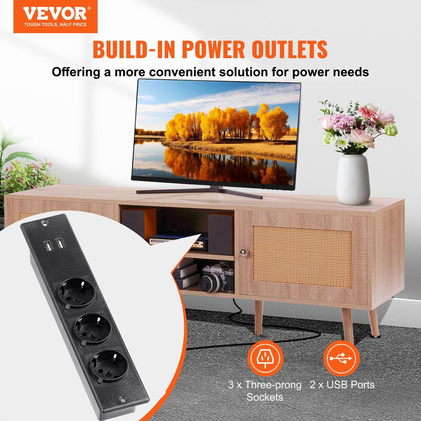 Rattan TV-Ständer für 65" Fernseher Boho TV-Ständer mit eingebauter Steckdose Eiche