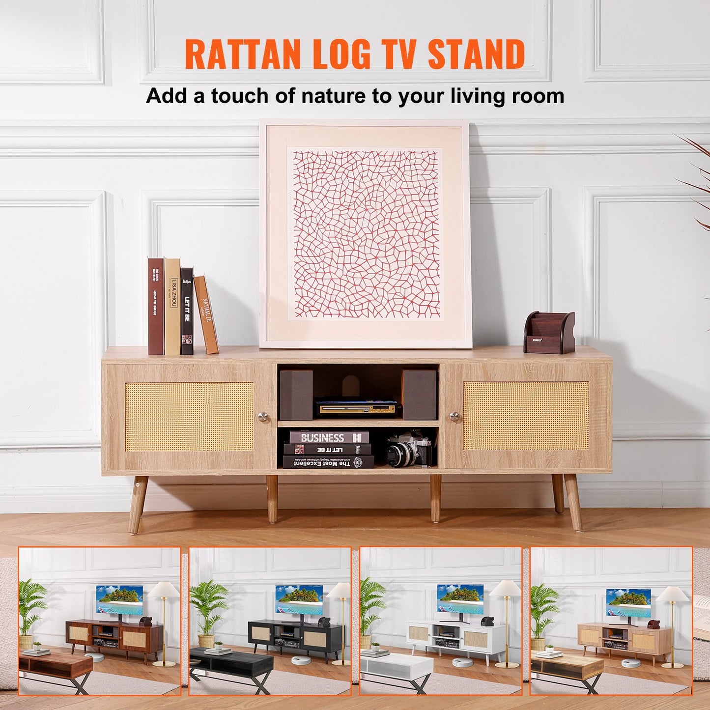 Rattan TV-Ständer für 65" Fernseher Boho TV-Ständer mit eingebauter Steckdose Eiche