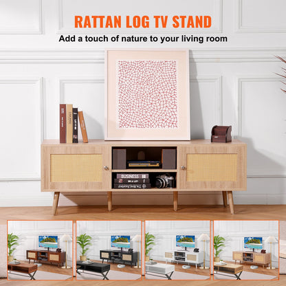 Rattan TV-Ständer für 65" Fernseher Boho TV-Ständer mit eingebauter Steckdose Eiche