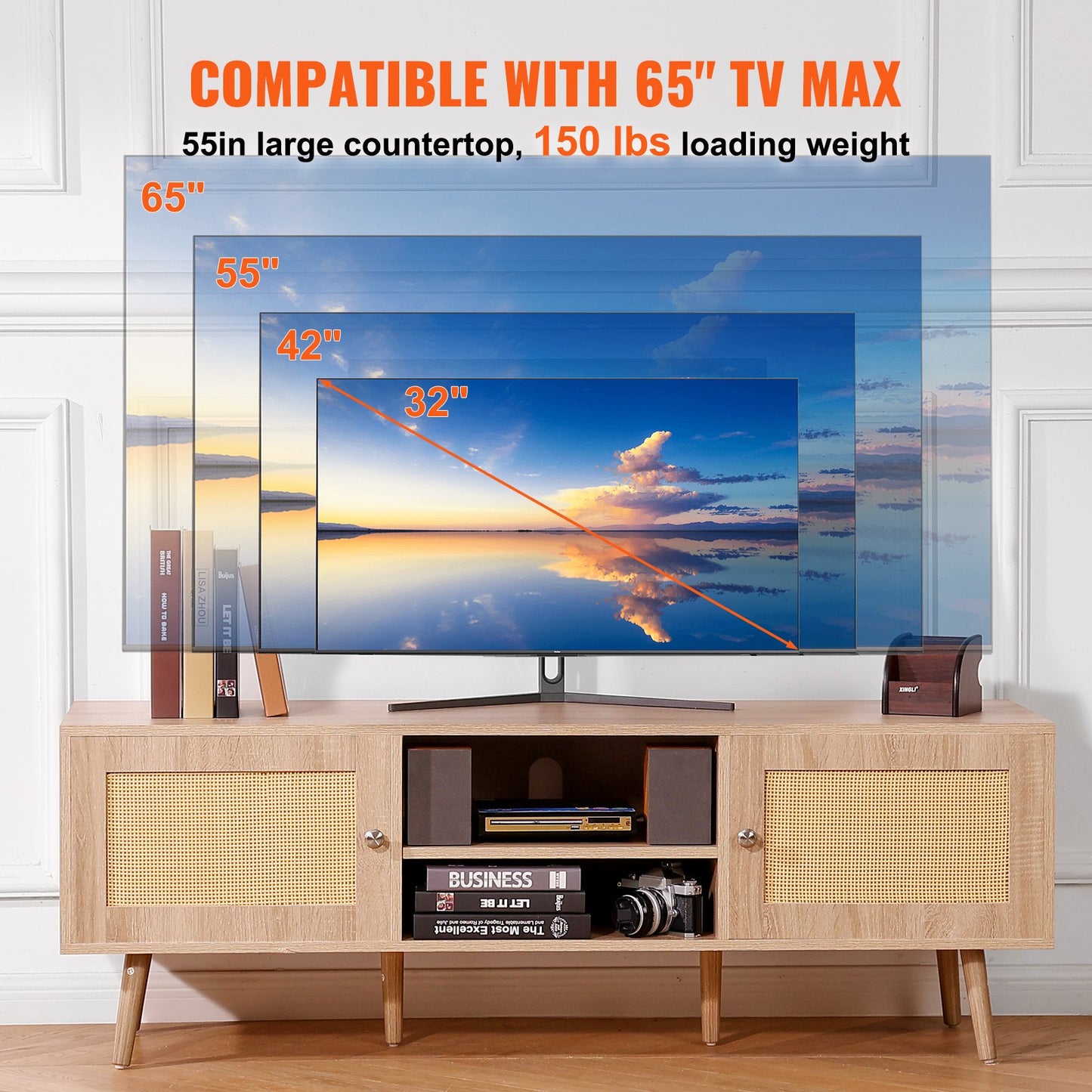 Rattan TV-Ständer für 65" Fernseher Boho TV-Ständer mit eingebauter Steckdose Eiche