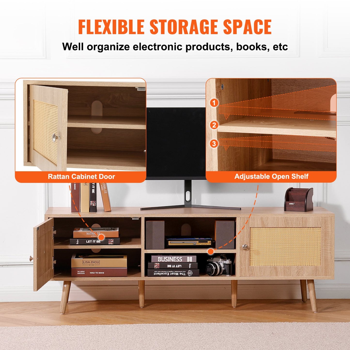 Rattan TV-Ständer für 65" Fernseher Boho TV-Ständer mit eingebauter Steckdose Eiche