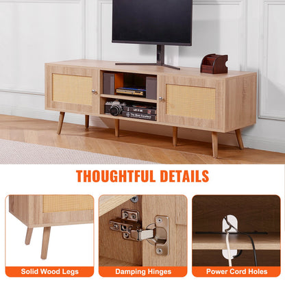 Rattan TV-Ständer für 65" Fernseher Boho TV-Ständer mit eingebauter Steckdose Eiche