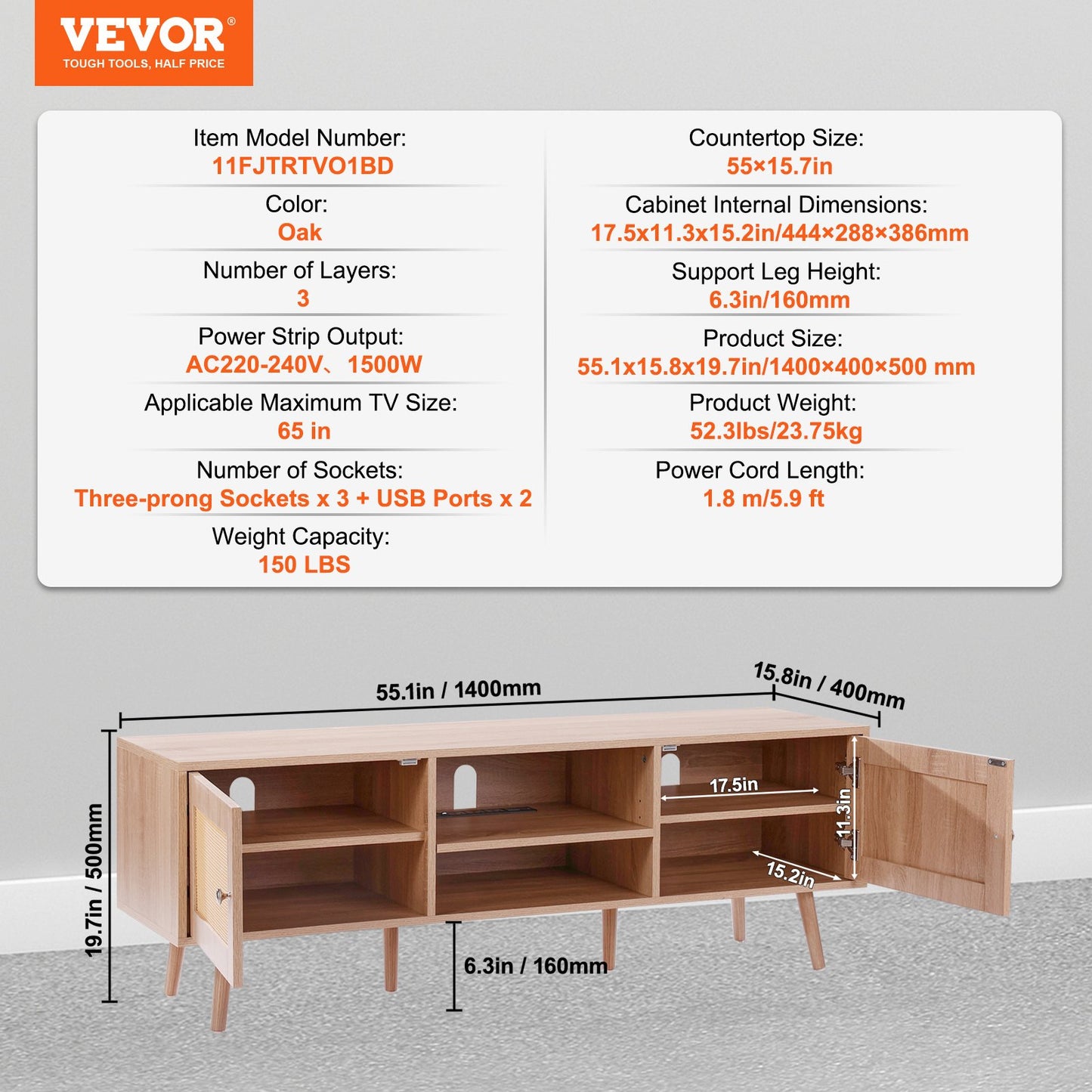 Rattan TV-Ständer für 65" Fernseher Boho TV-Ständer mit eingebauter Steckdose Eiche