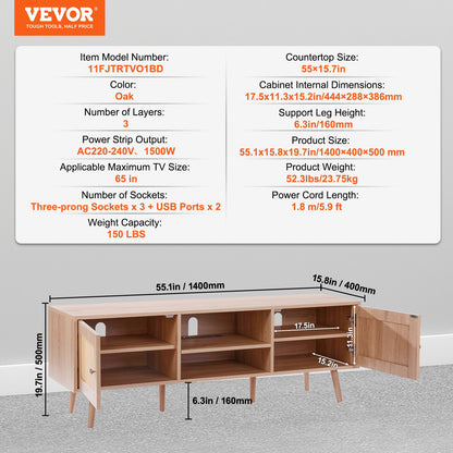 Rattan TV-Ständer für 65" Fernseher Boho TV-Ständer mit eingebauter Steckdose Eiche