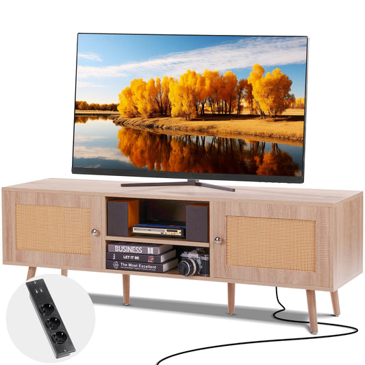 Rotting TV-bänk för 65" TV Boho TV-bänk med inbyggt uttag Ek