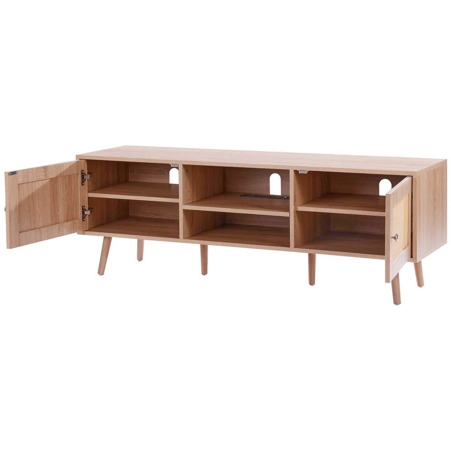 Rattan TV-Ständer für 65" Fernseher Boho TV-Ständer mit eingebauter Steckdose Eiche