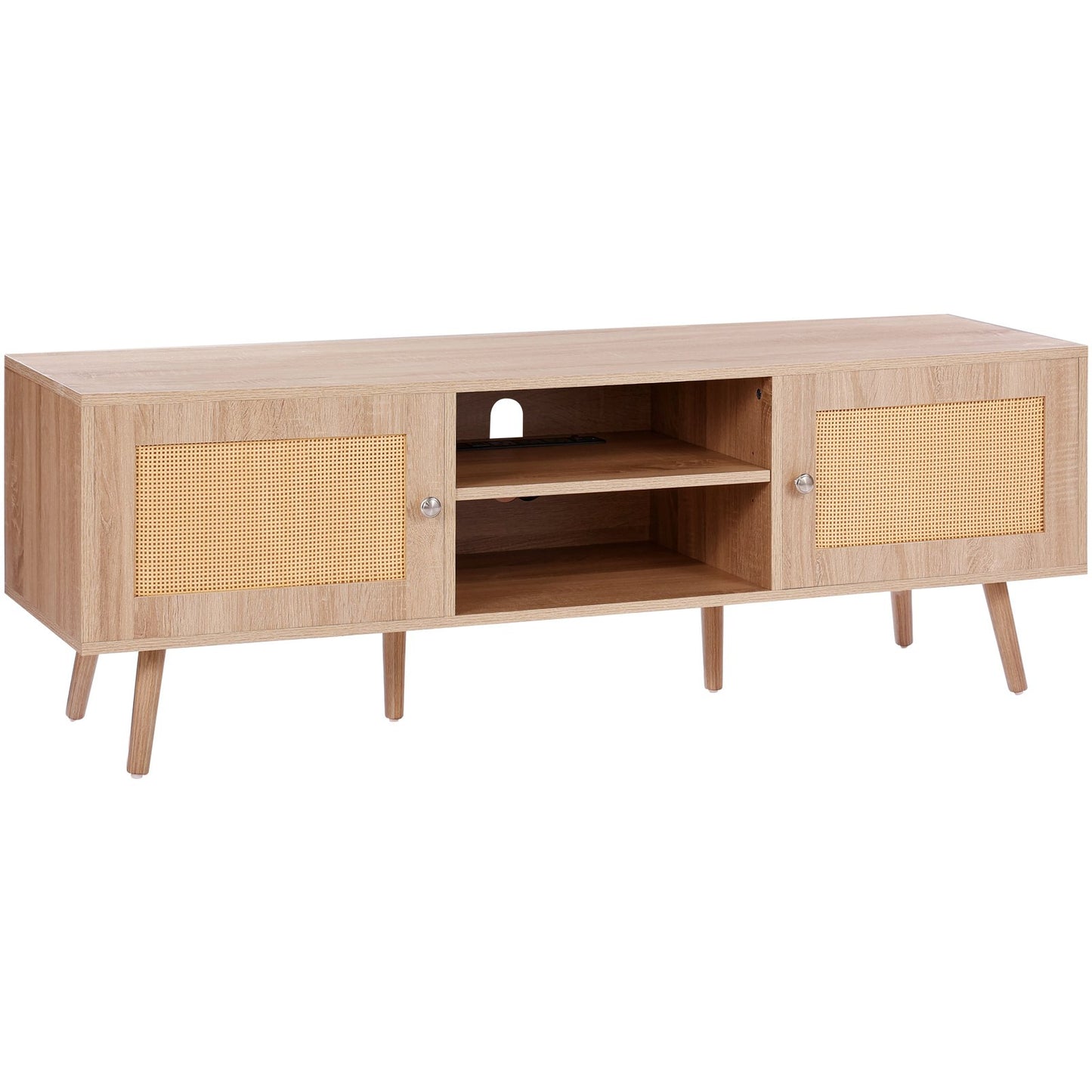 Rattan TV-Ständer für 65" Fernseher Boho TV-Ständer mit eingebauter Steckdose Eiche