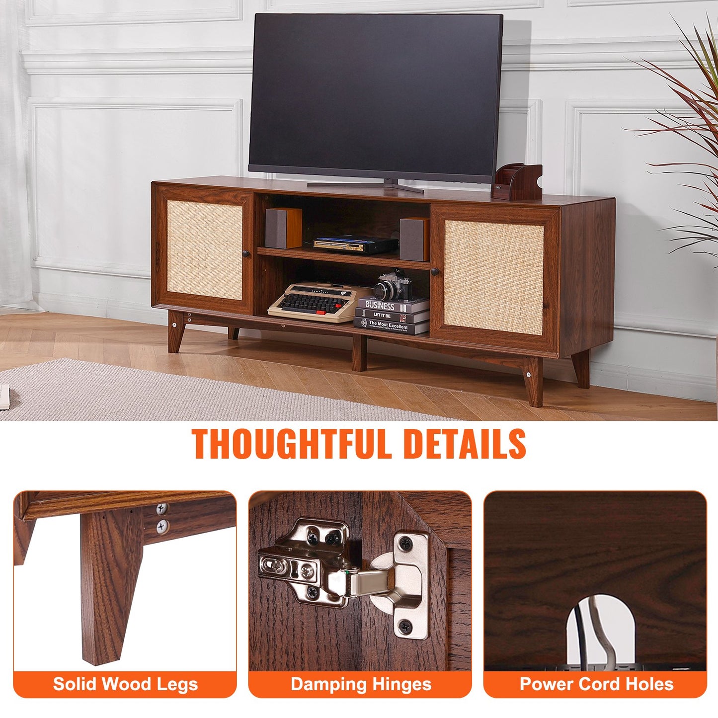 Rattan-TV-Ständer 191cm Fernseher Boho-TV-Schrank Fernsehschrank Walnuss
