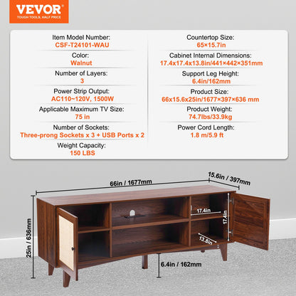 Rattan-TV-Ständer 191cm Fernseher Boho-TV-Schrank Fernsehschrank Walnuss