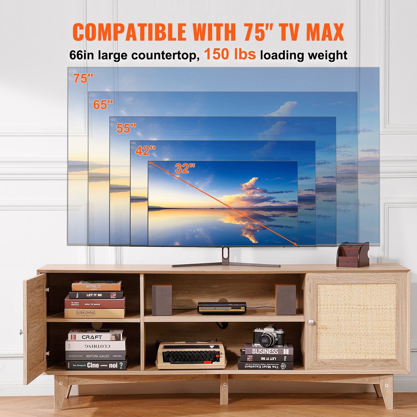 Rattan-TV-Ständer 191cm Fernseher Boho-TV-Schrank Fernsehschrank Eiche