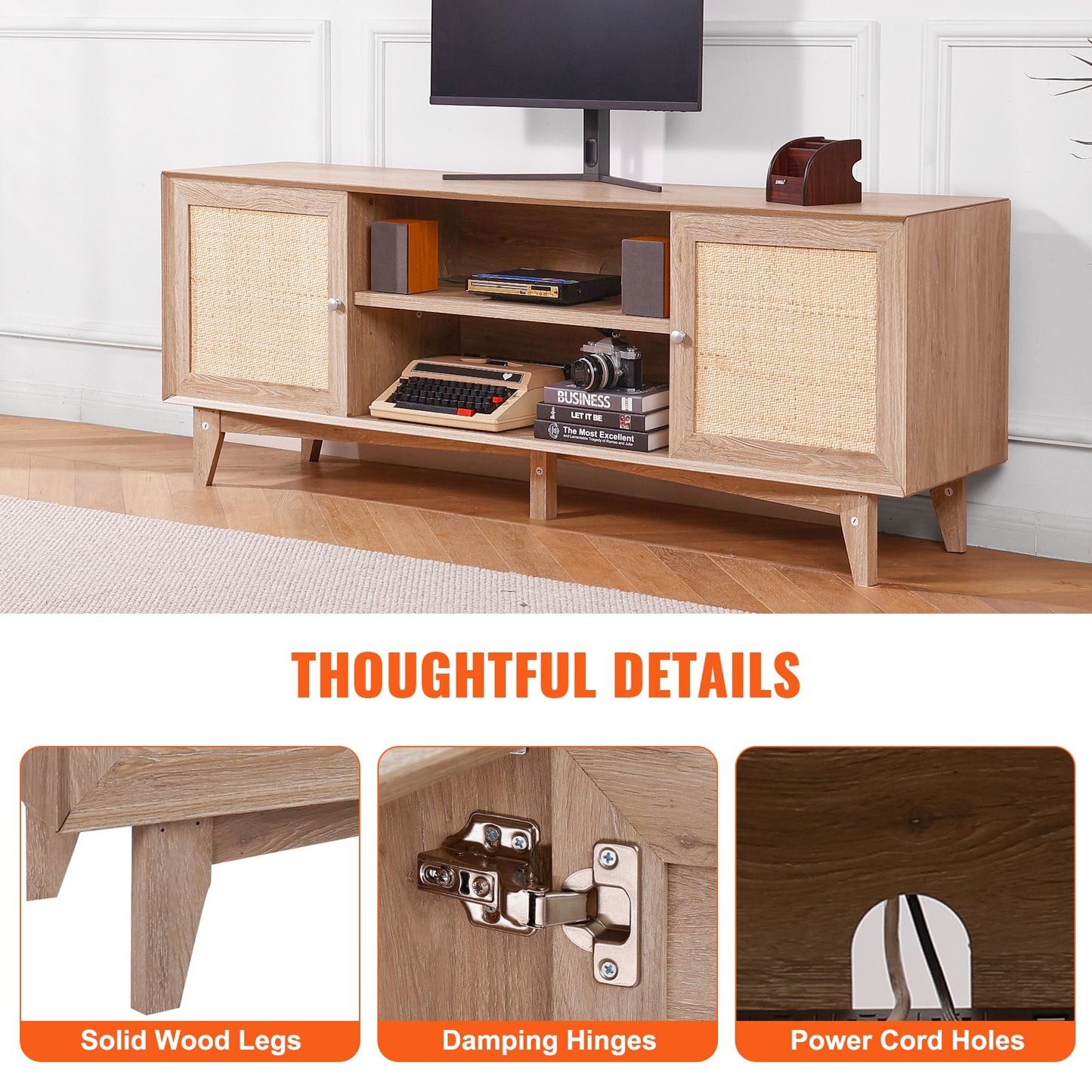 Rattan-TV-Ständer 191cm Fernseher Boho-TV-Schrank Fernsehschrank Eiche