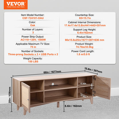 Rattan-TV-Ständer 191cm Fernseher Boho-TV-Schrank Fernsehschrank Eiche