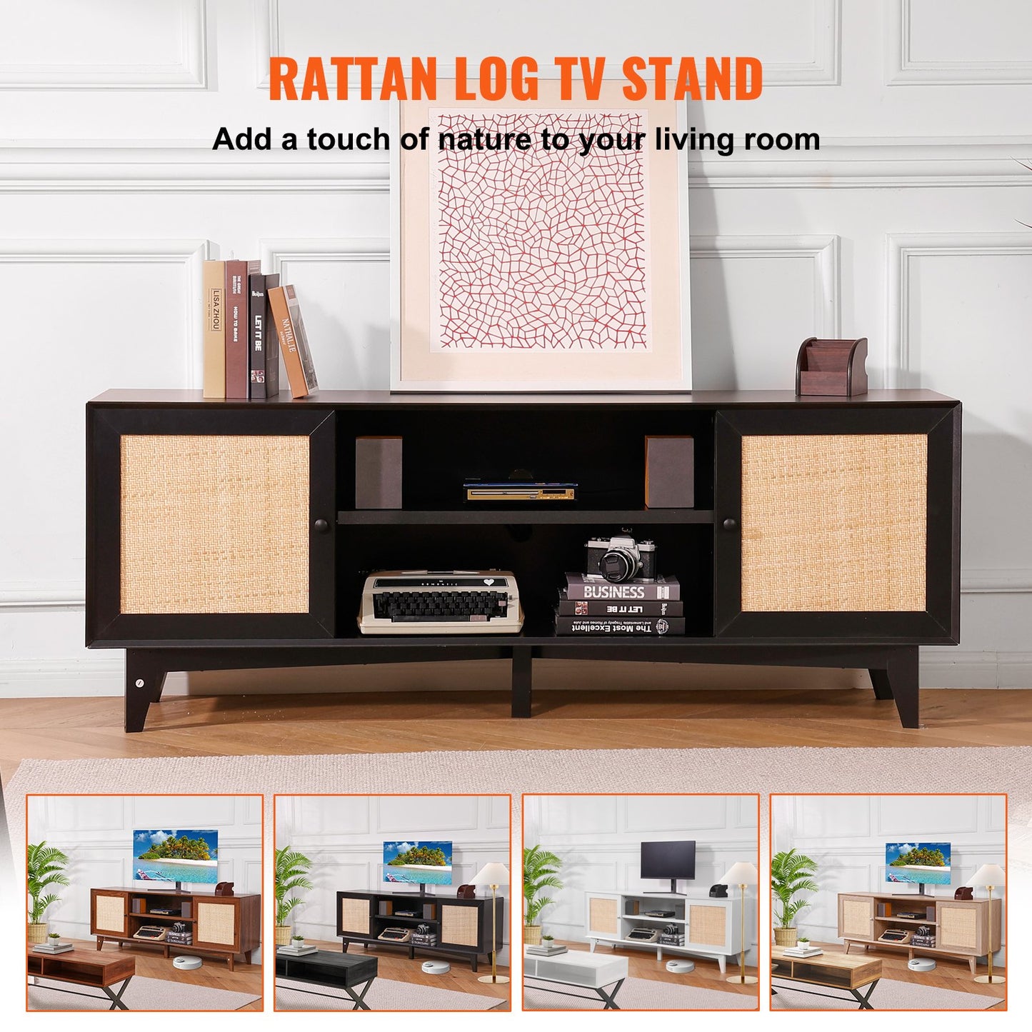 Rattan TV-ställ för 75" TV Boho TV-ställ med inbyggt uttag Svart