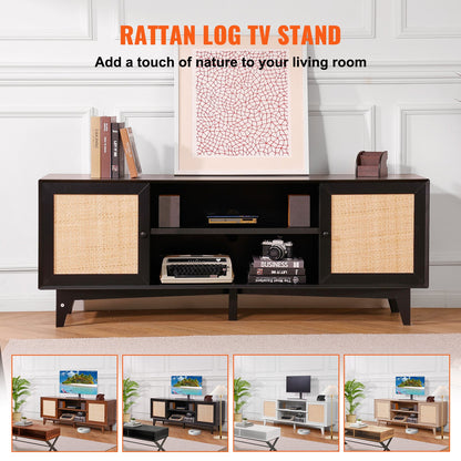Rattan TV-ställ för 75" TV Boho TV-ställ med inbyggt uttag Svart
