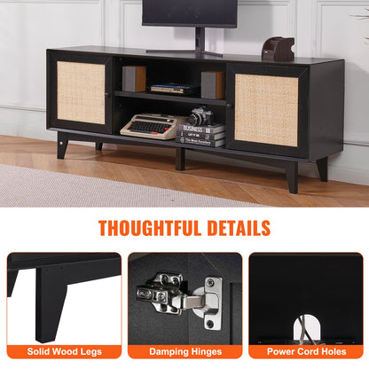 Rattan TV-ställ för 75" TV Boho TV-ställ med inbyggt uttag Svart