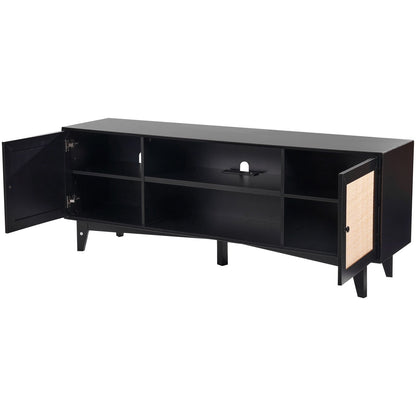 Rattan TV-ställ för 75" TV Boho TV-ställ med inbyggt uttag Svart