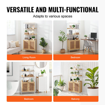 Rattan Bookcase Ladder Shelf with 2 Doors Rectangle Storage Rack Natural