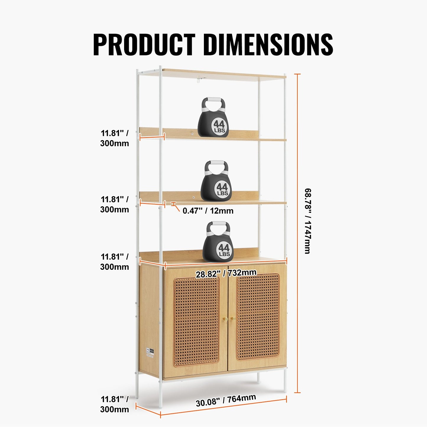 Rattan Bookcase Ladder Shelf with 2 Doors Rectangle Storage Rack Natural