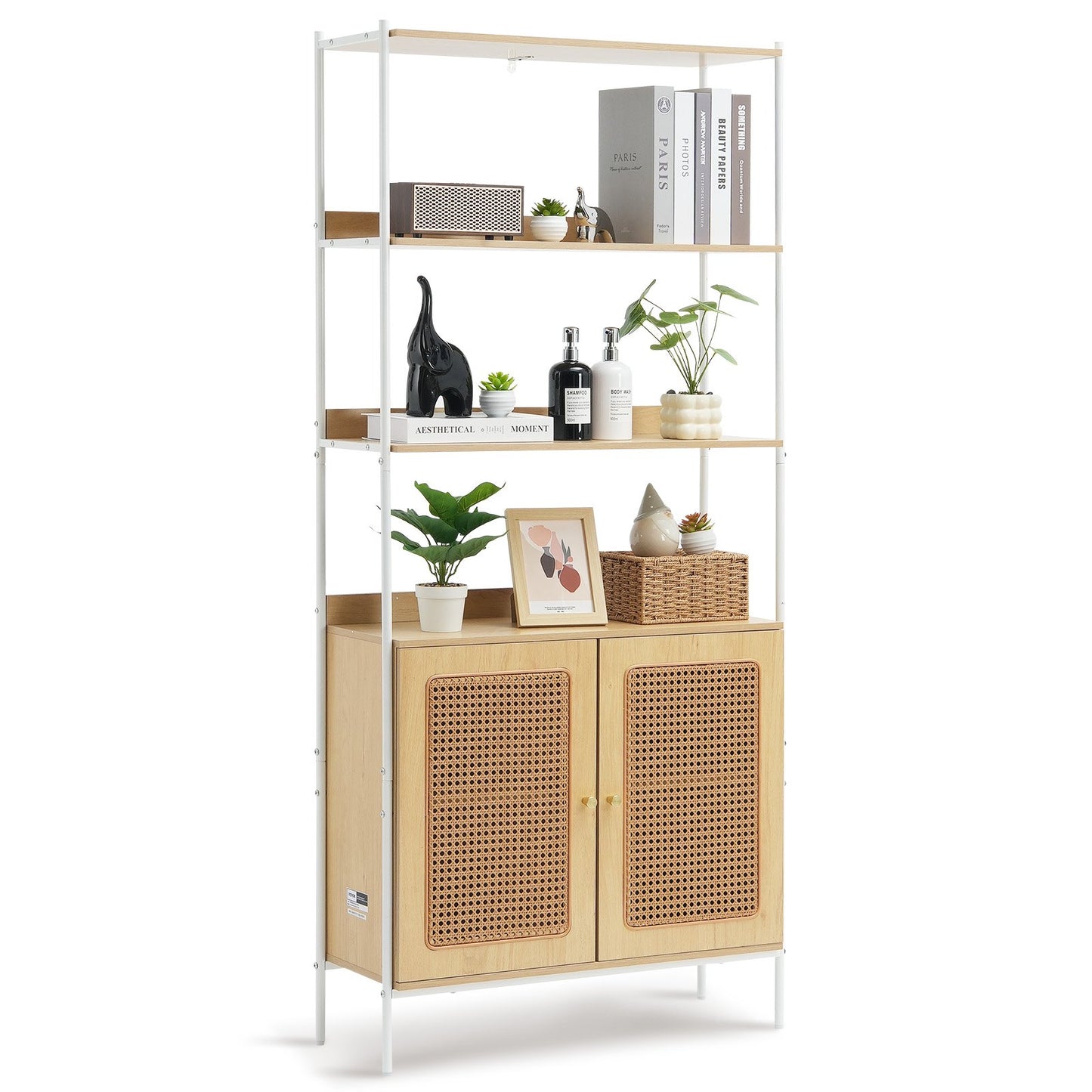Rattan Bookcase Ladder Shelf with 2 Doors Rectangle Storage Rack Natural