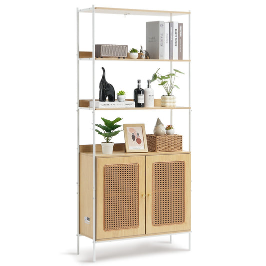 Rattan Bookcase Ladder Shelf with 2 Doors Rectangle Storage Rack Natural
