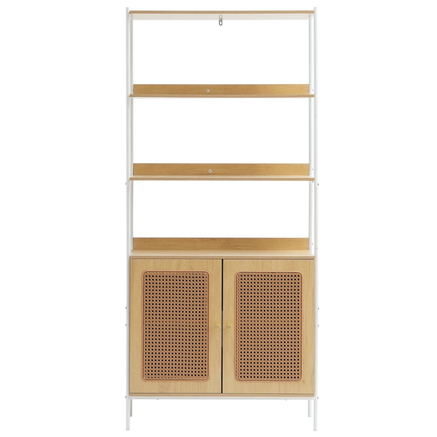 Rattan Bookcase Ladder Shelf with 2 Doors Rectangle Storage Rack Natural