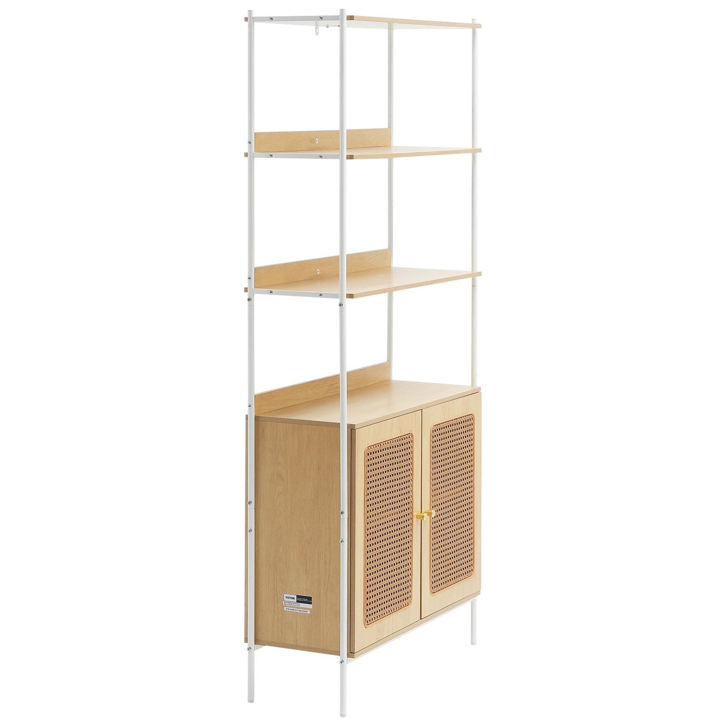 Rattan Bookcase Ladder Shelf with 2 Doors Rectangle Storage Rack Natural