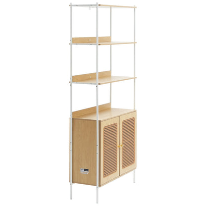 Rattan Bookcase Ladder Shelf with 2 Doors Rectangle Storage Rack Natural