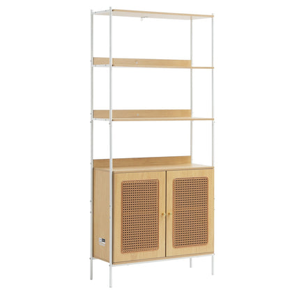 Rattan Bookcase Ladder Shelf with 2 Doors Rectangle Storage Rack Natural