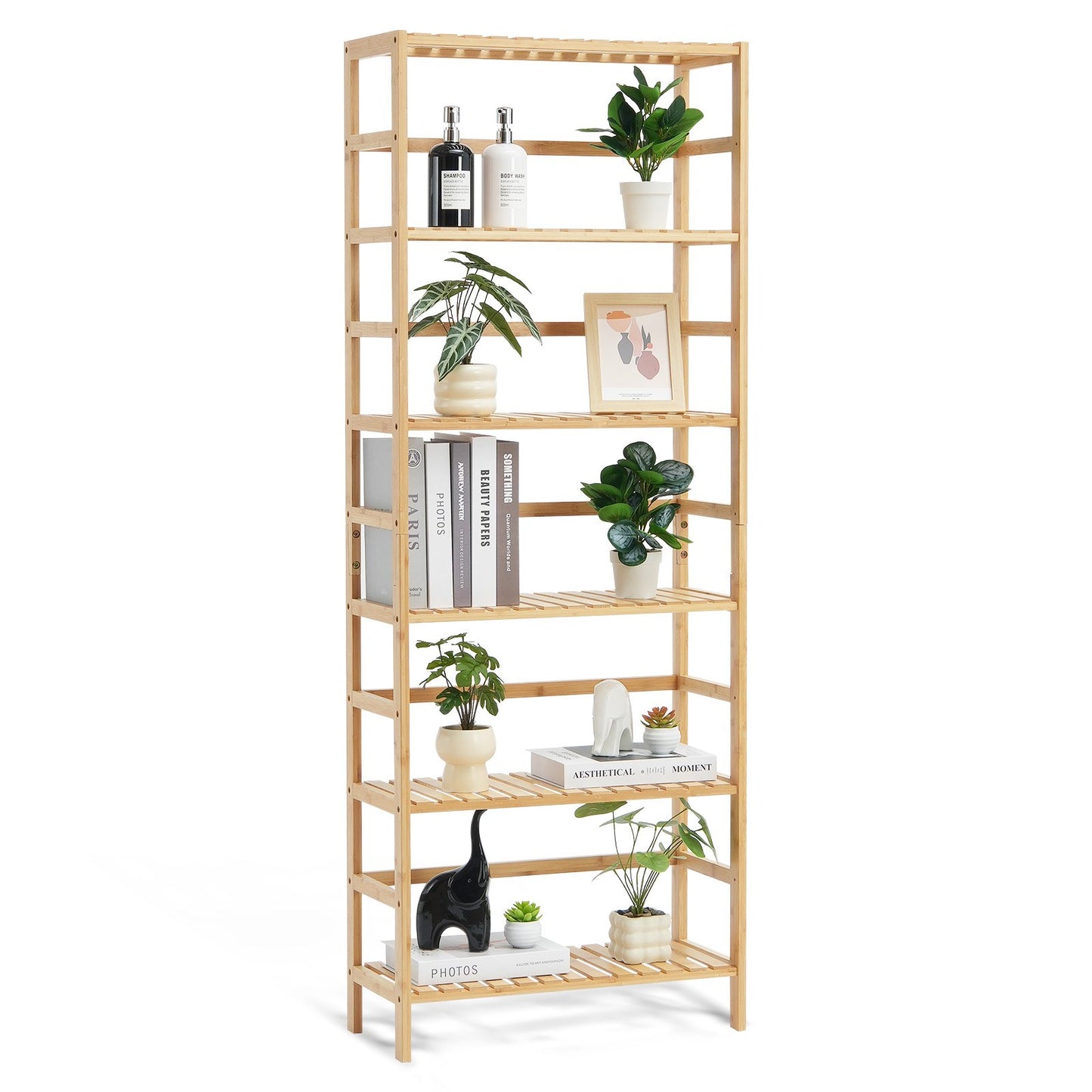 Bamboo bookshelf 6 tiers bamboo ladder bookcase rectangle storage rack
